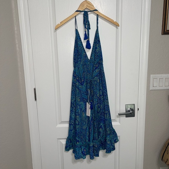 NEW KARMA HIGHWAY Printed Polyester Blue Green Halter Short Dress Tie Neck Back - Picture 4 of 8